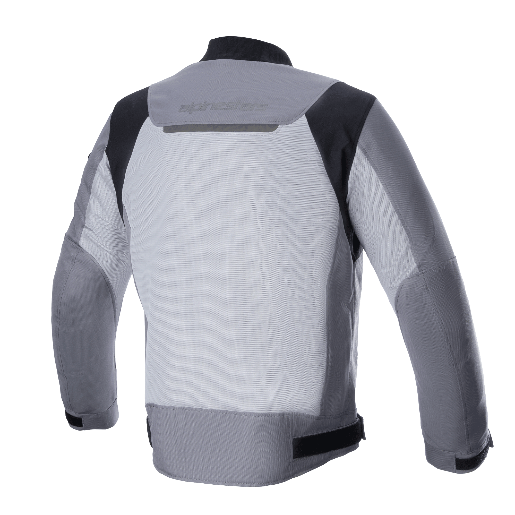 Alpinestars Luc V2 Air Jacket, textiele motorjas, donkergrijs en middengrijs, achteraanzicht met groot geventileerd mesh-paneel, zwarte schouderaccenten en reflecterende branding op de bovenrug