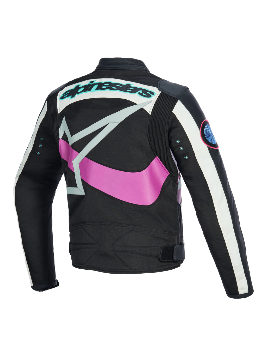 Alpinestars Idles Women's Jacket back view, Black with Off White and Purple, featuring a large pink wrap-around star logo, teal wordmark and metal eyelets on sleeves, vintage-inspired design with accordion panels for urban motorcycle riding