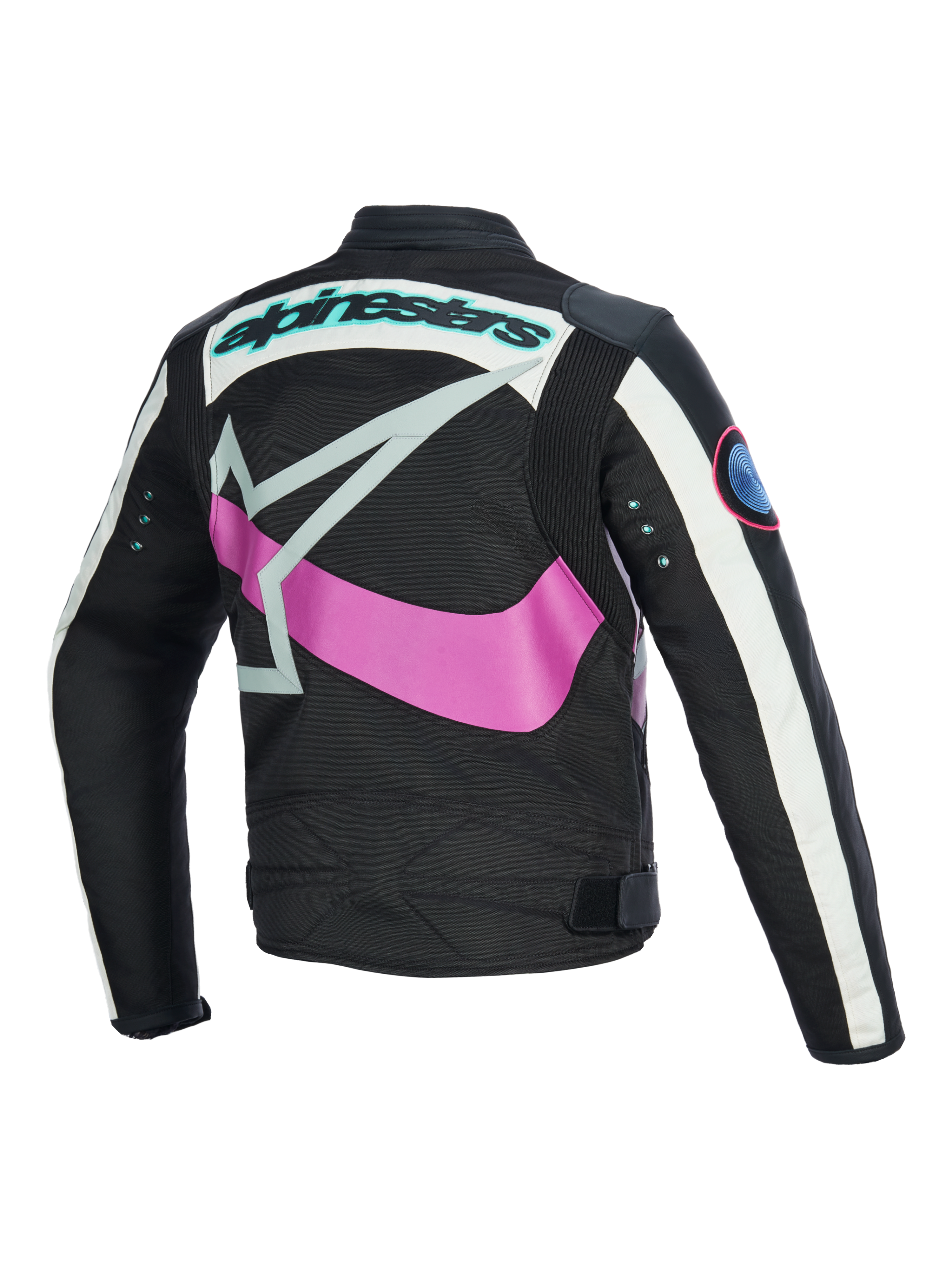 Alpinestars Idles Women's Jacket back view, Black with Off White and Purple, featuring a large pink wrap-around star logo, teal wordmark and metal eyelets on sleeves, vintage-inspired design with accordion panels for urban motorcycle riding