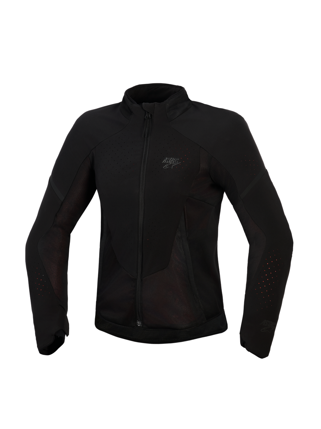 Alpinestars Stella Aeroshell Airflow jas, dames motorjas, Black Anthracite, vooraanzicht, lichtgewicht textiel met lasergeperforeerde ventilatie en meshpanelen, subtiel logo op de borst, ergonomisch sportief ontwerp