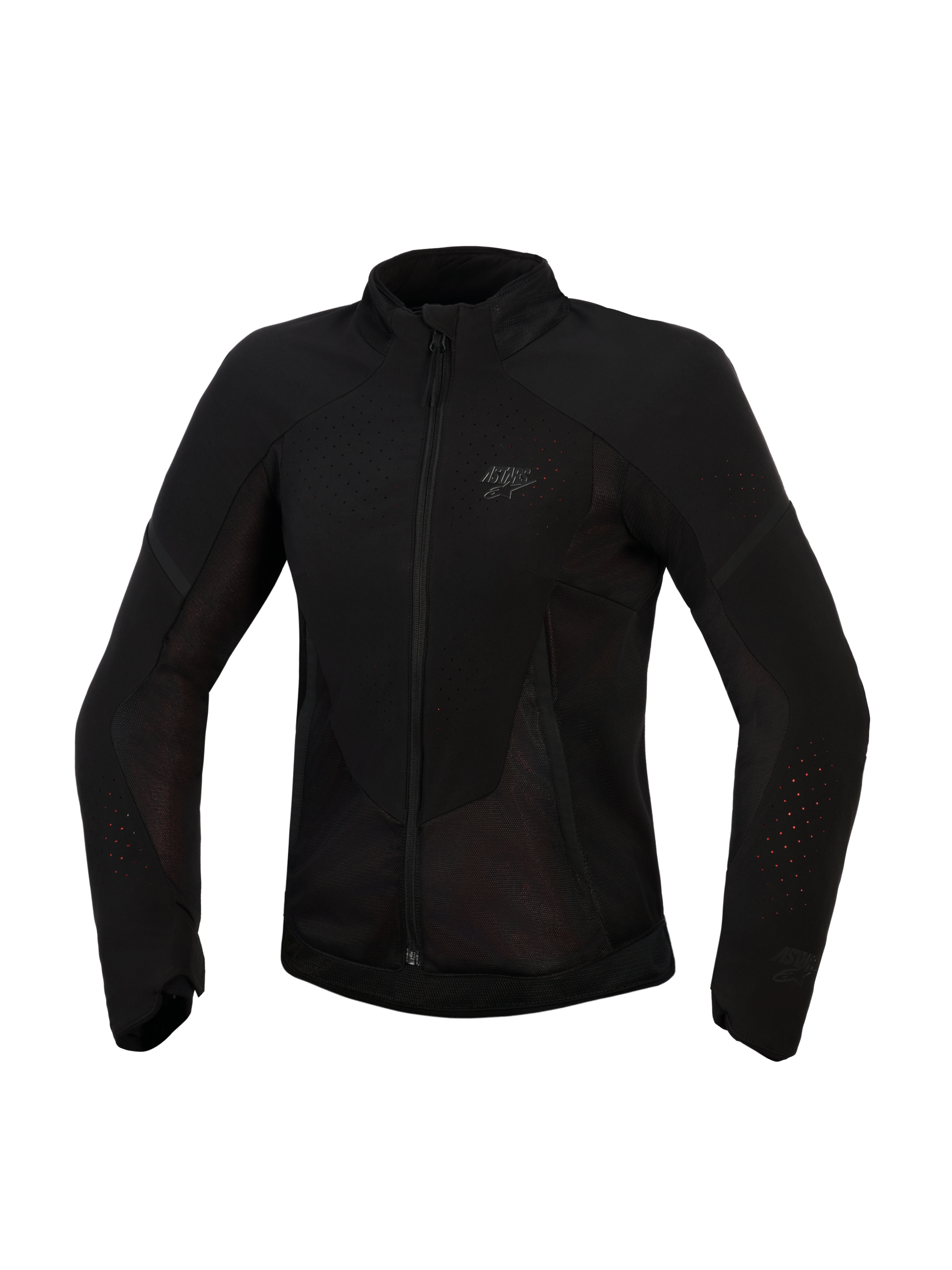 Alpinestars Stella Aeroshell Airflow jas, dames motorjas, Black Anthracite, vooraanzicht, lichtgewicht textiel met lasergeperforeerde ventilatie en meshpanelen, subtiel logo op de borst, ergonomisch sportief ontwerp