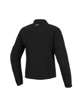 Alpinestars Stella Grace Jacket, Women's Urban Motorcycle Jacket, Black, back view featuring a small gold Astar logo on the neck, metal hardware eyelets on the sleeves, and pleated stitching at the lower back.