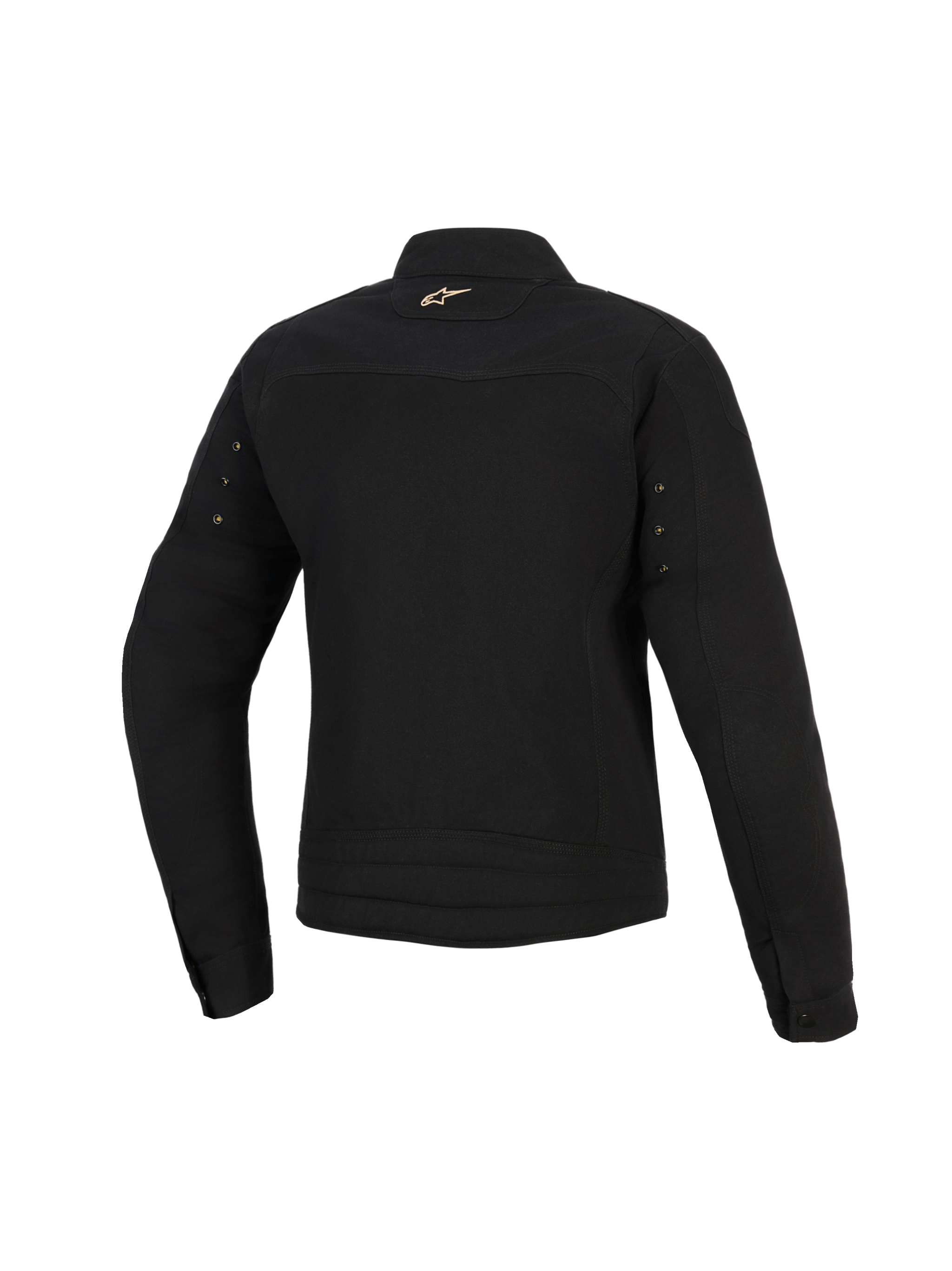 Alpinestars Stella Grace Jacket, Women's Urban Motorcycle Jacket, Black, back view featuring a small gold Astar logo on the neck, metal hardware eyelets on the sleeves, and pleated stitching at the lower back.