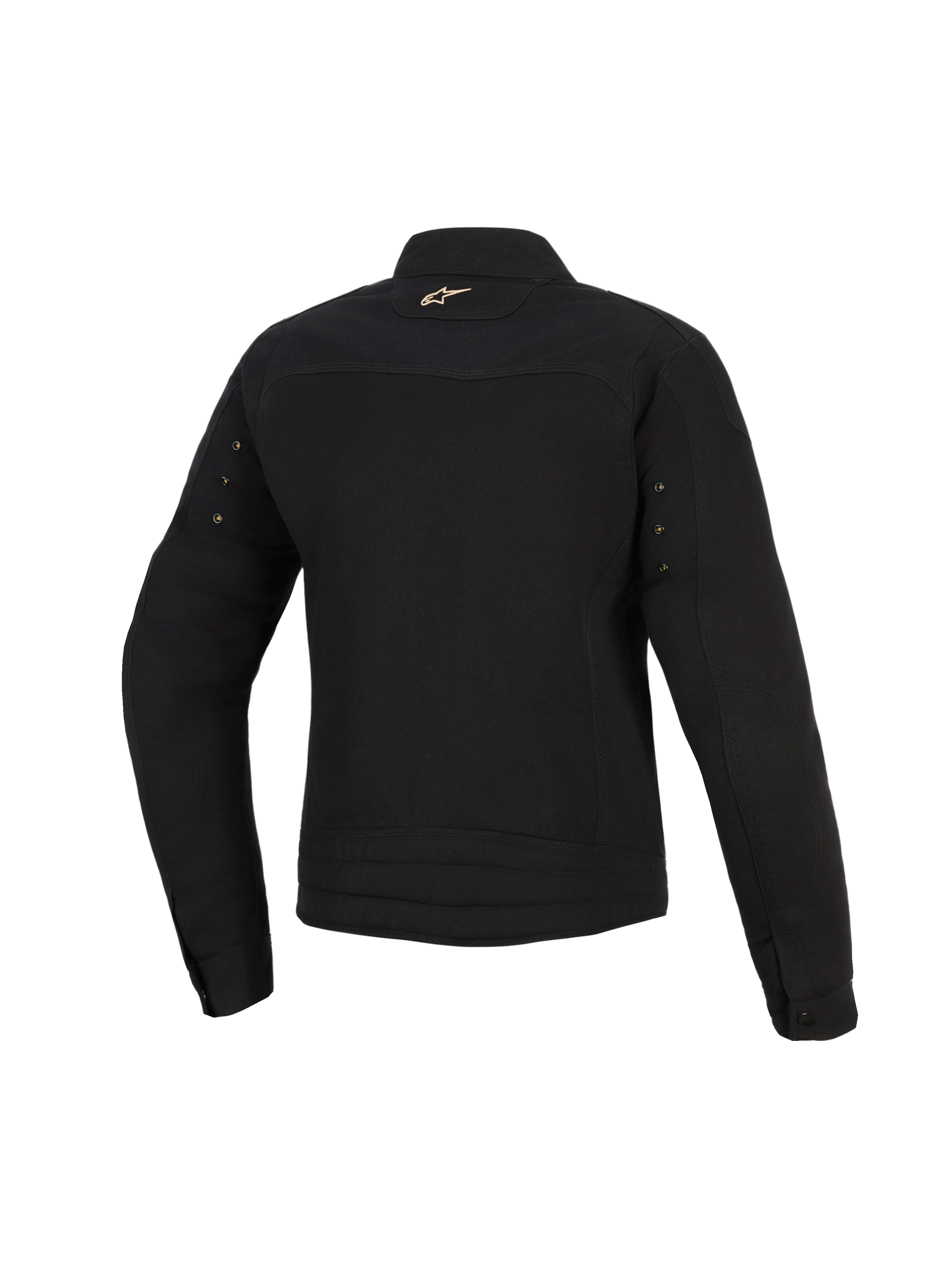 Alpinestars Stella Grace Jas, urban motorjas voor dames, zwart, achteraanzicht met een klein goudkleurig Astar-logo in de nek, metalen oogjes op de mouwen en geplooid stiksel op de onderrug