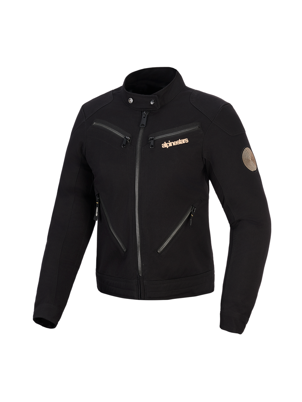 Alpinestars Stella Grace jas, motorjas voor dames, zwart, op stedelijke werkkleding geïnspireerd ontwerp met meerdere ritsen aan de voorzijde, kraag met drukknopen, koperkleurig Alpinestars-logo en vintage spiraalpatch op de mouw.