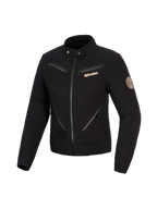 Alpinestars Stella Grace jas, motorjas voor dames, zwart, op stedelijke werkkleding geïnspireerd ontwerp met meerdere ritsen aan de voorzijde, kraag met drukknopen, koperkleurig Alpinestars-logo en vintage spiraalpatch op de mouw.