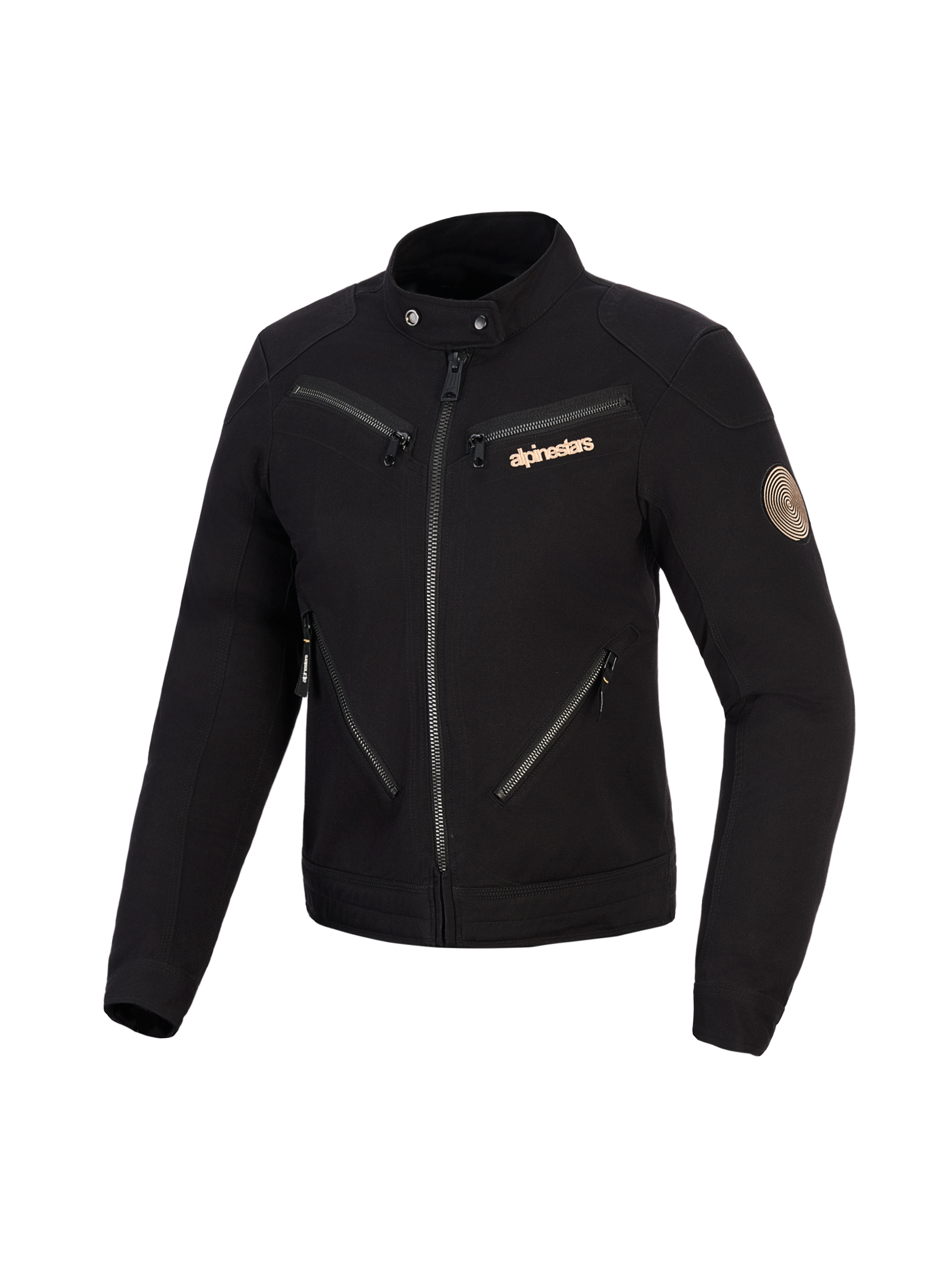 Alpinestars Stella Grace jas, motorjas voor dames, zwart, op stedelijke werkkleding geïnspireerd ontwerp met meerdere ritsen aan de voorzijde, kraag met drukknopen, koperkleurig Alpinestars-logo en vintage spiraalpatch op de mouw.