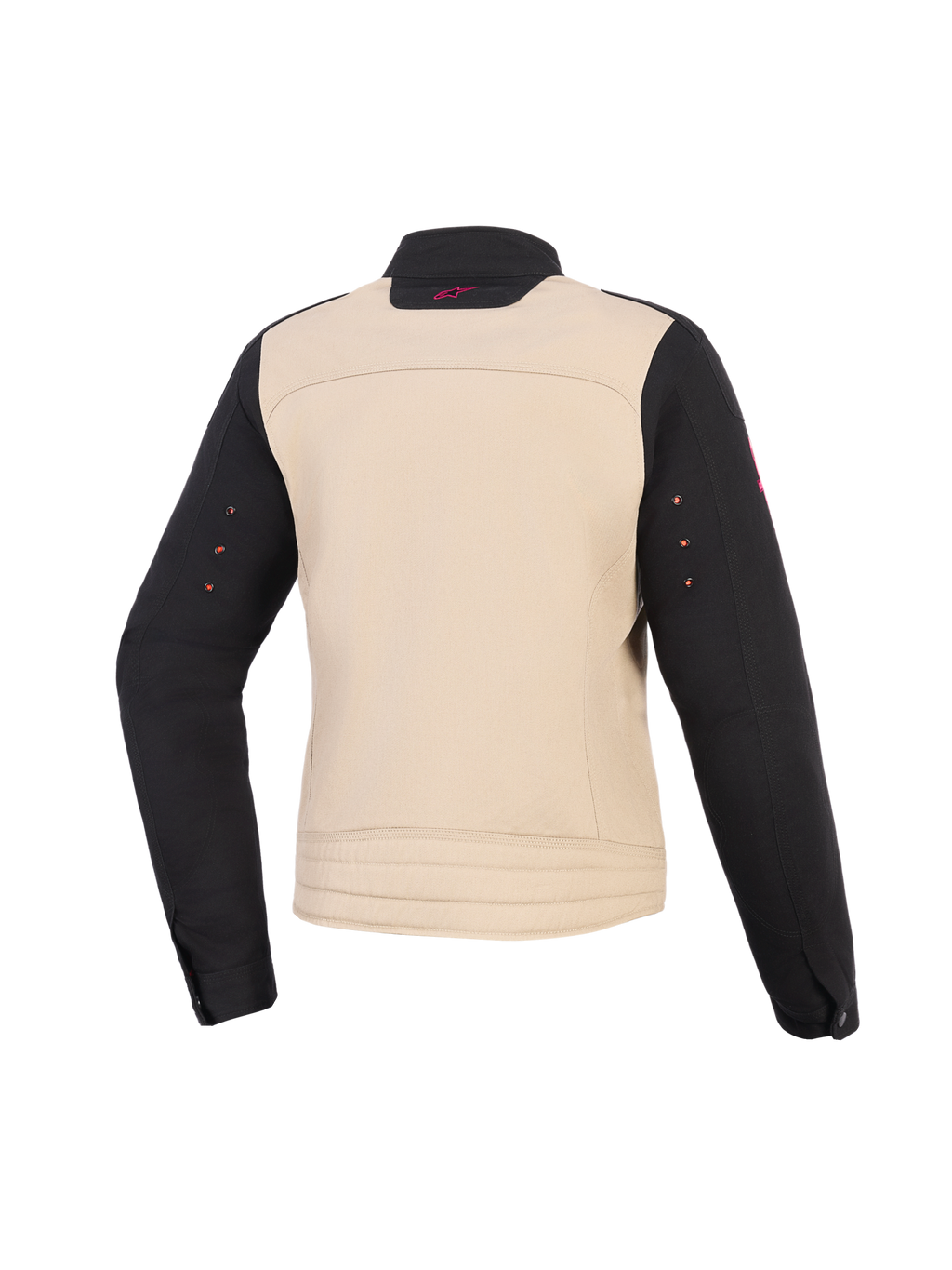Alpinestars Stella Grace damesjas, motorjas voor dames, Aluminum Black, achteraanzicht, textiele constructie met een beige romp, zwarte mouwen en een klein roze logo op de kraag.