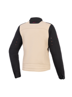 Alpinestars Stella Grace damesjas, motorjas voor dames, Aluminum Black, achteraanzicht, textiele constructie met een beige romp, zwarte mouwen en een klein roze logo op de kraag.