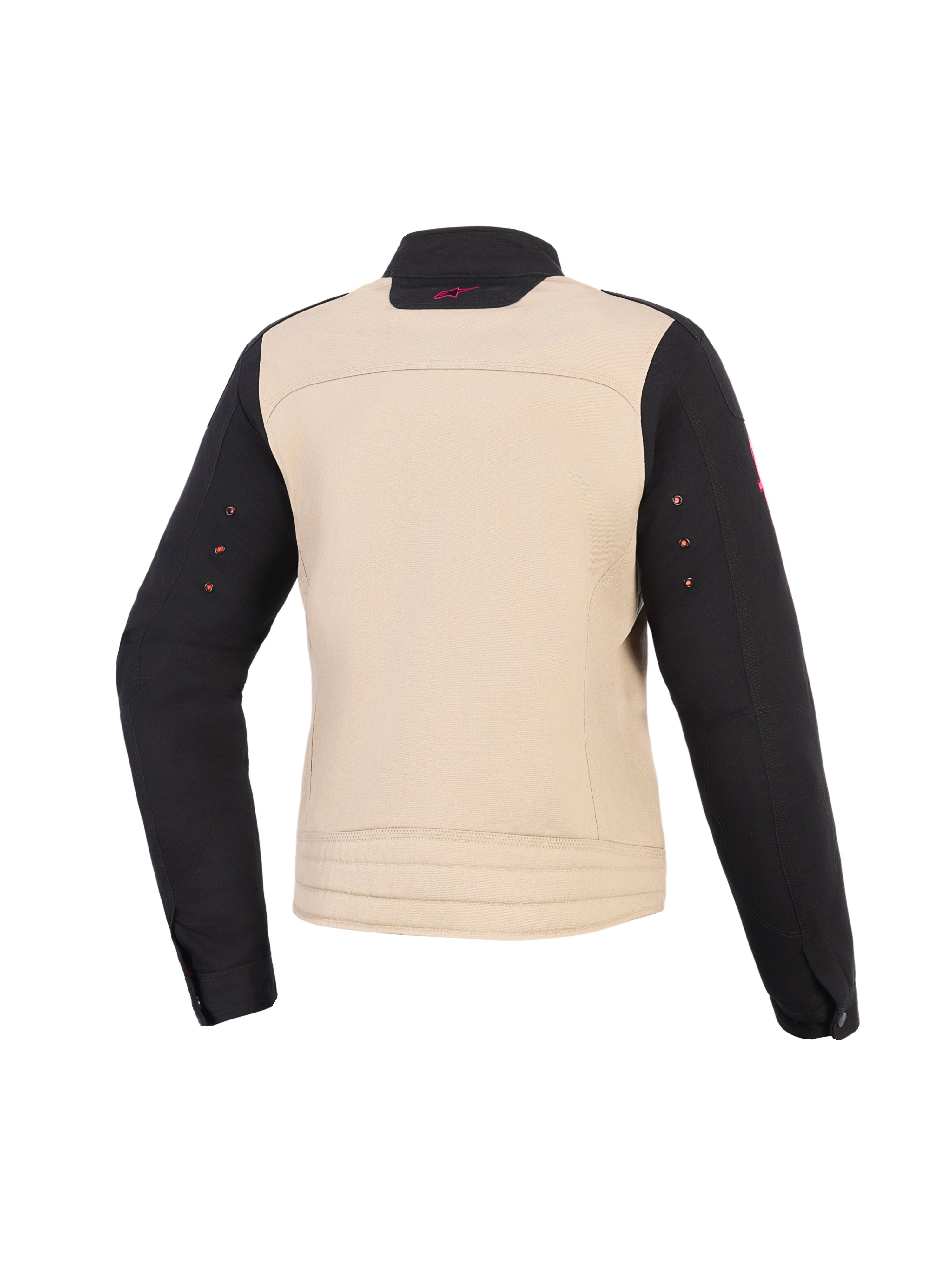Alpinestars Stella Grace damesjas, motorjas voor dames, Aluminum Black, achteraanzicht, textiele constructie met een beige romp, zwarte mouwen en een klein roze logo op de kraag.