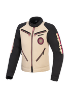 Alpinestars Stella Grace jas, motorjas voor dames, aluminium en zwart met roze ritsaccenten, vooraanzicht met op stedelijke werkkleding geïnspireerd ontwerp, spiraalvormige Oscar-patch op de borst, Alpinestars-branding op de mouwen.