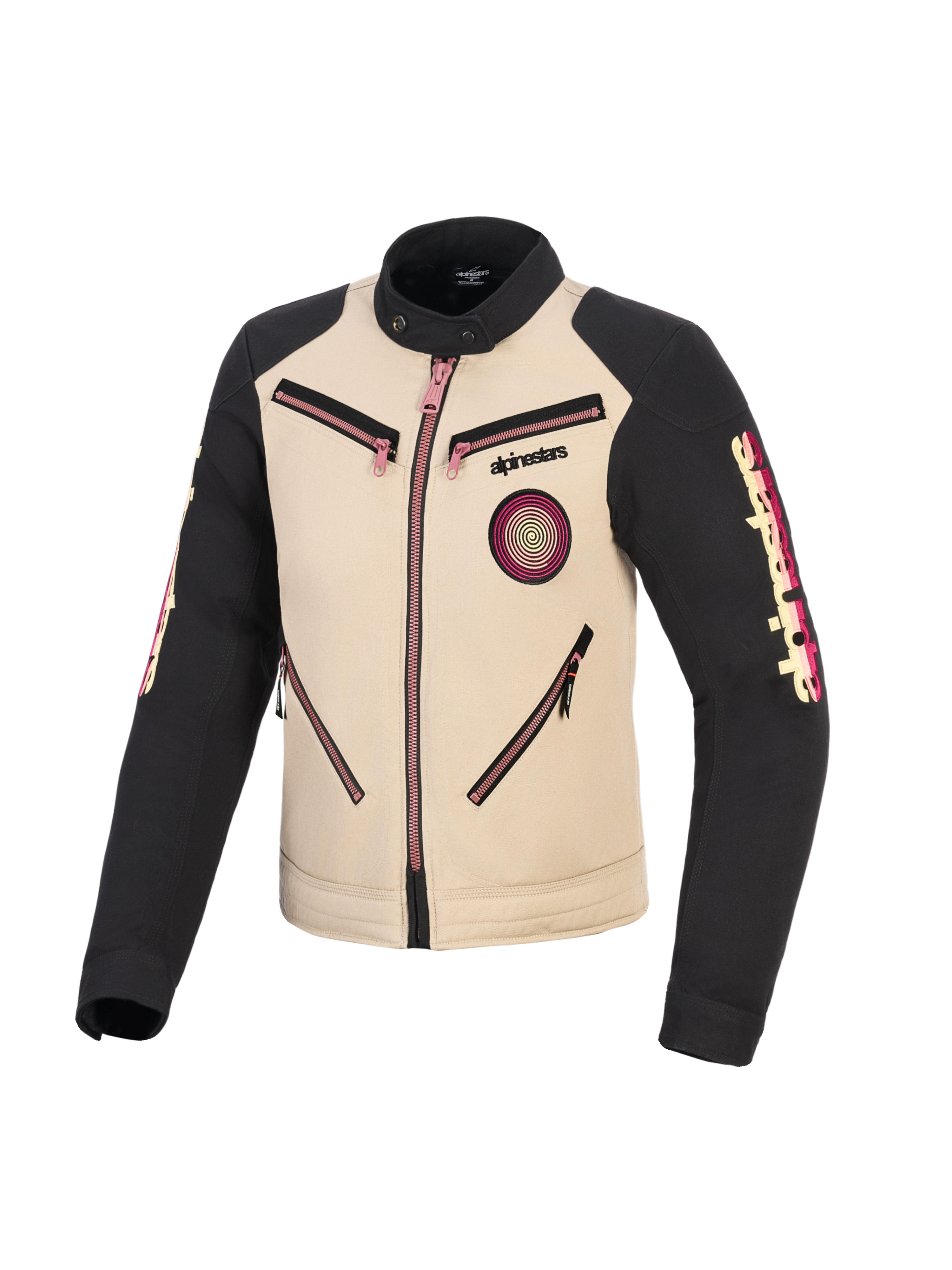 Alpinestars Stella Grace jas, motorjas voor dames, aluminium en zwart met roze ritsaccenten, vooraanzicht met op stedelijke werkkleding geïnspireerd ontwerp, spiraalvormige Oscar-patch op de borst, Alpinestars-branding op de mouwen.
