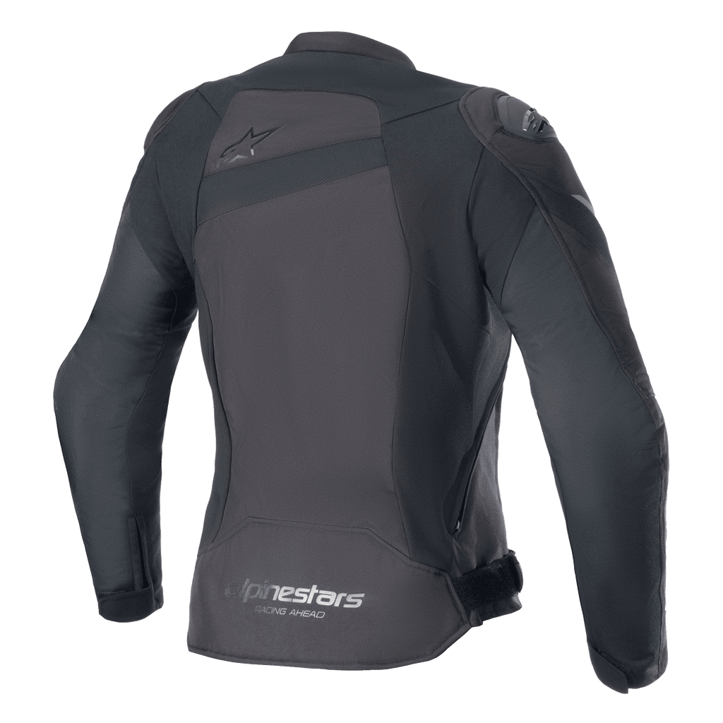 Alpinestars Stella T-GP Plus R V4 Jas, textiel motorjas voor dames, zwart/zwart, achteraanzicht met een subtiel Astar-logo op de bovenrug en 'alpinestars RACING AHEAD' belettering op de onderste zoom, sportieve pasvorm met zichtbare beschermende panelen.