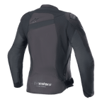 Alpinestars Stella T-GP Plus R V4 Jas, textiel motorjas voor dames, zwart/zwart, achteraanzicht met een subtiel Astar-logo op de bovenrug en 'alpinestars RACING AHEAD' belettering op de onderste zoom, sportieve pasvorm met zichtbare beschermende panelen.