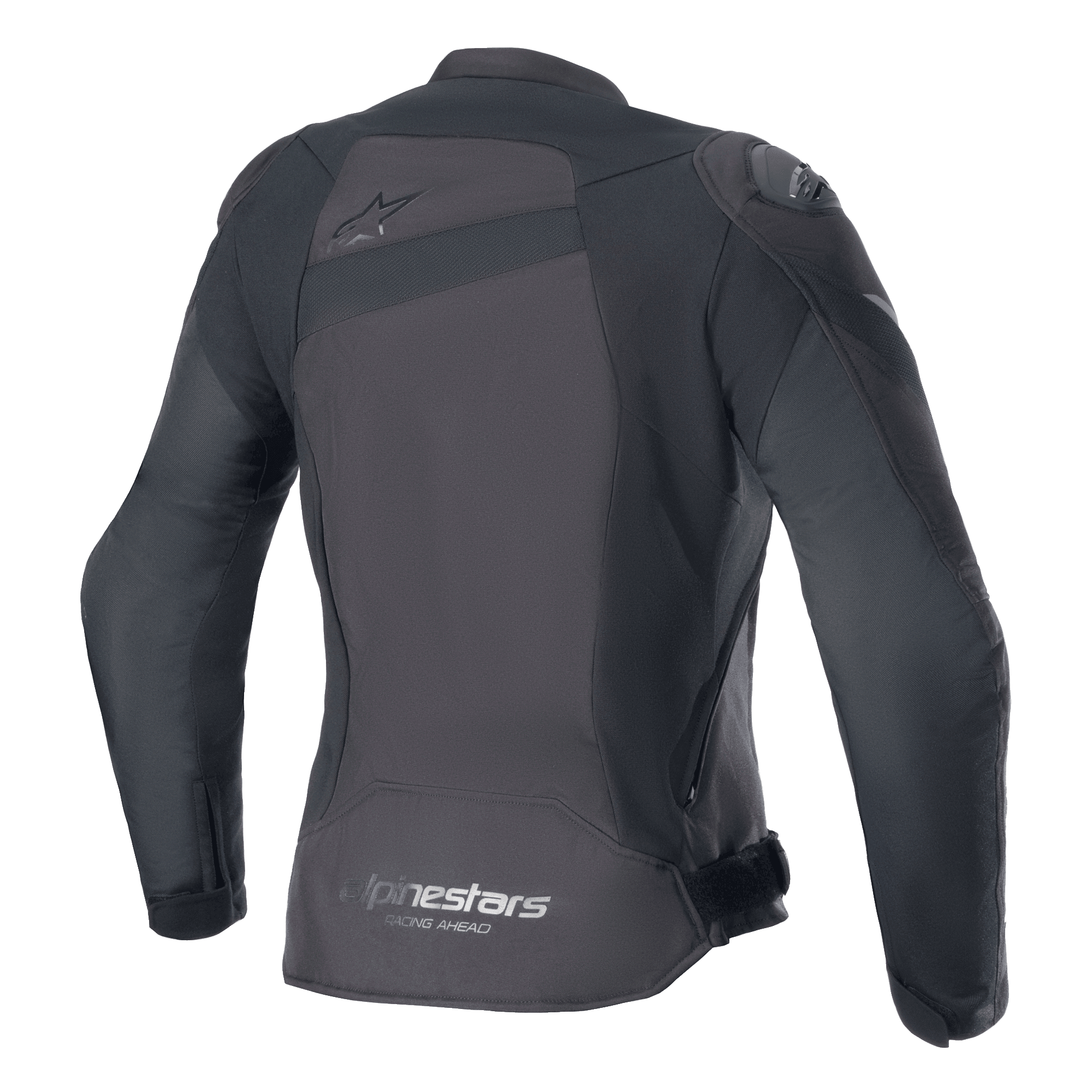 Alpinestars Stella T-GP Plus R V4 Jas, textiel motorjas voor dames, zwart/zwart, achteraanzicht met een subtiel Astar-logo op de bovenrug en 'alpinestars RACING AHEAD' belettering op de onderste zoom, sportieve pasvorm met zichtbare beschermende panelen.