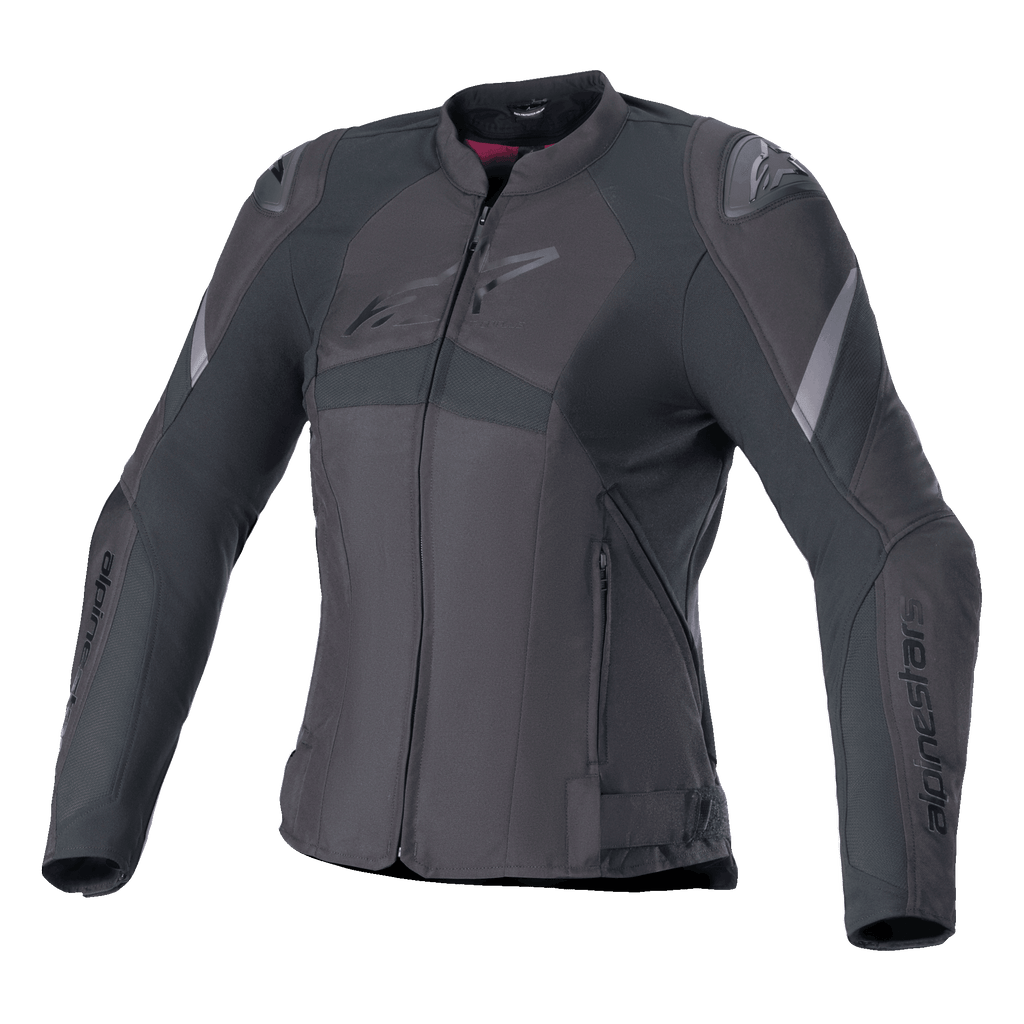 Alpinestars Stella T-GP Plus R V4 motorjas, dames motorjas van textiel, zwart, sportief getailleerd ontwerp, ritssluiting aan de voorzijde, externe schouderprotectoren en subtiele logodetails op de borst en mouwen