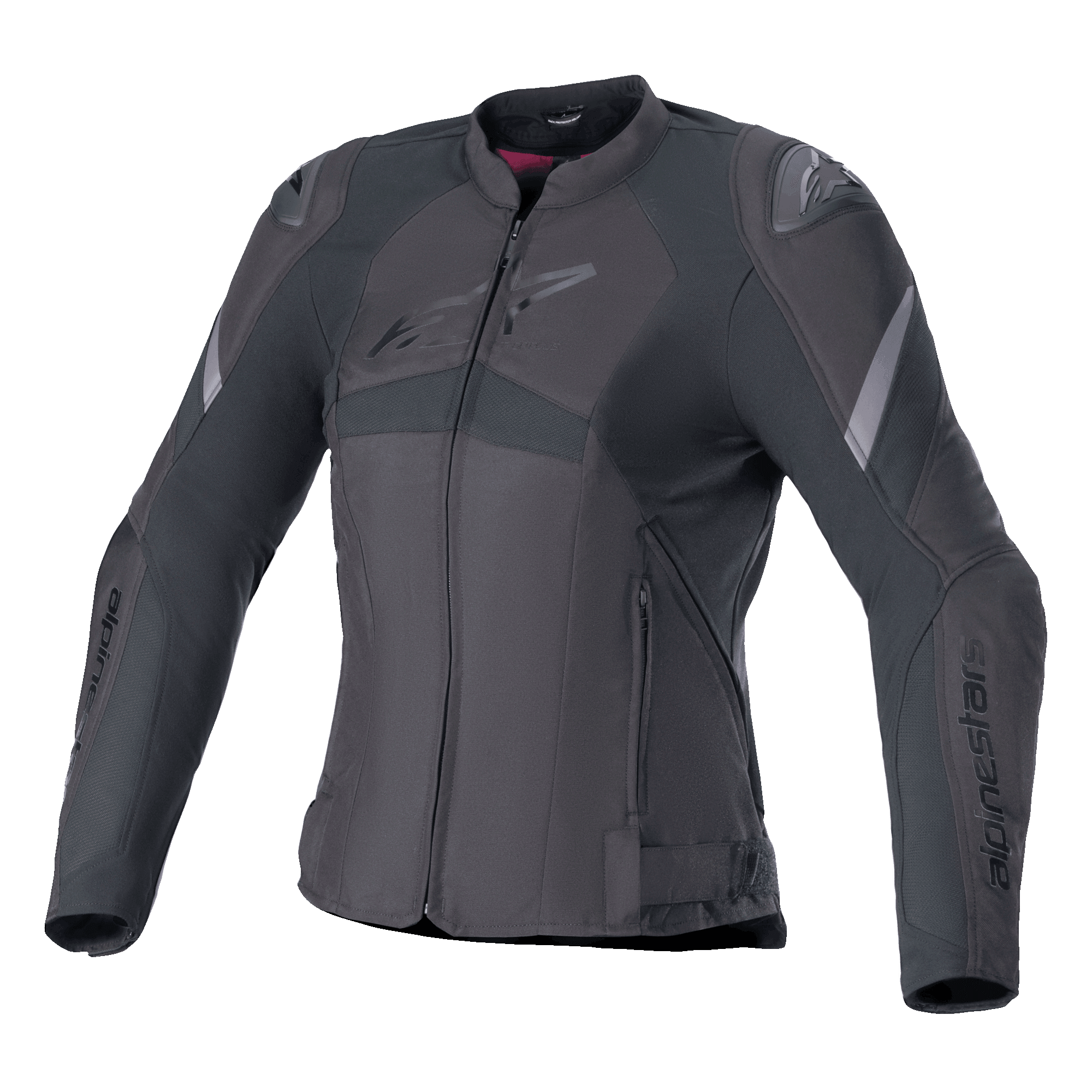 Alpinestars Stella T-GP Plus R V4 motorjas, dames motorjas van textiel, zwart, sportief getailleerd ontwerp, ritssluiting aan de voorzijde, externe schouderprotectoren en subtiele logodetails op de borst en mouwen