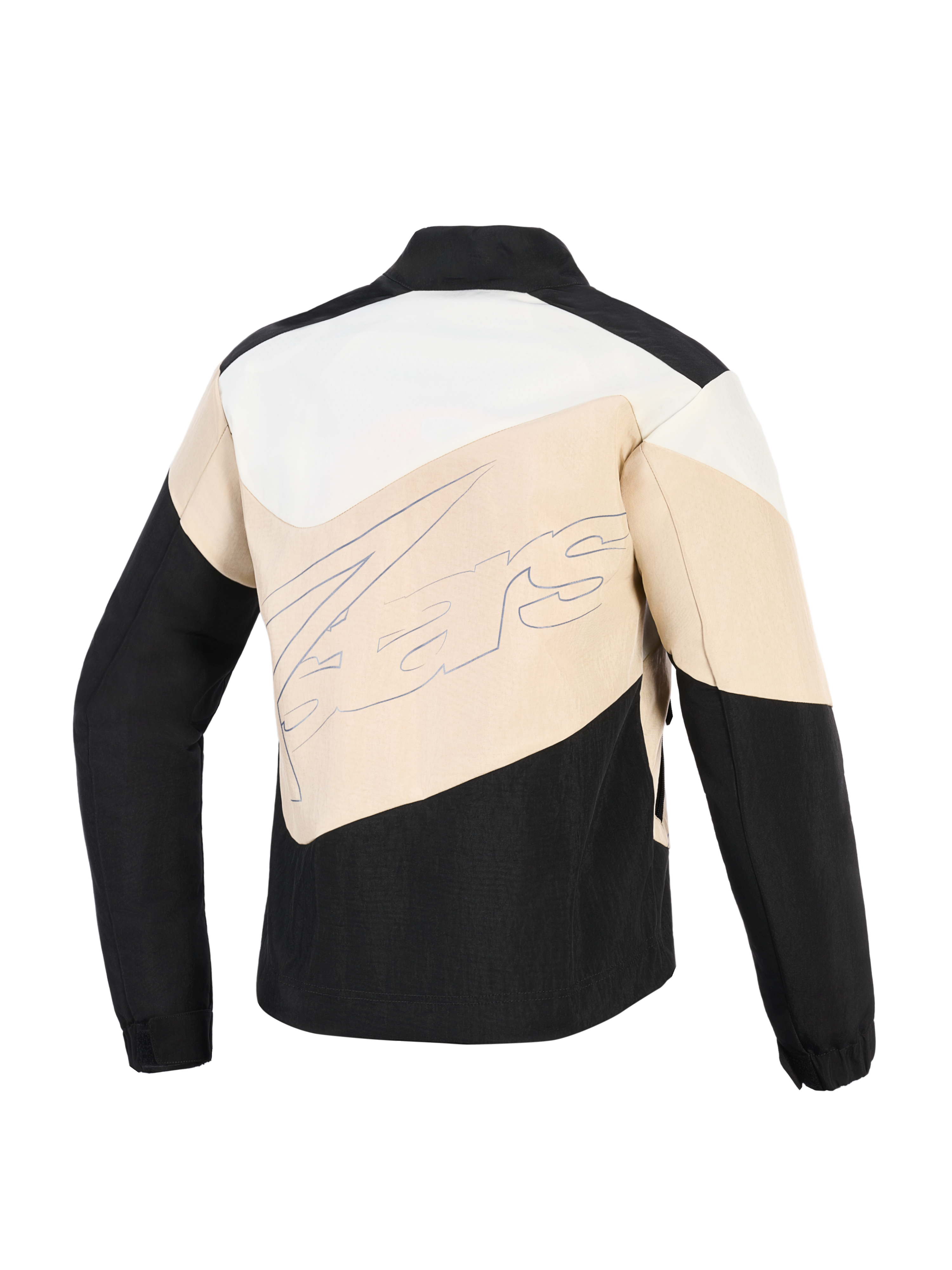 Alpinestars Stella Moshell Jacket, urban motorjas voor dames, Black Sand en Off White, achteraanzicht met asymmetrische kleurvlakken en een groot script-merklogo over het midden.