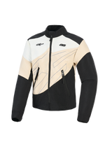 Alpinestars Stella Moshell jas, urban motorjas voor dames, Black Sand en Off White, asymmetrisch kleurblok-ontwerp met blauwe lijntekeningen, ritssluiting aan de voorzijde en dubbele logo's op de borst, op streetwear geïnspireerde beschermende motorkleding