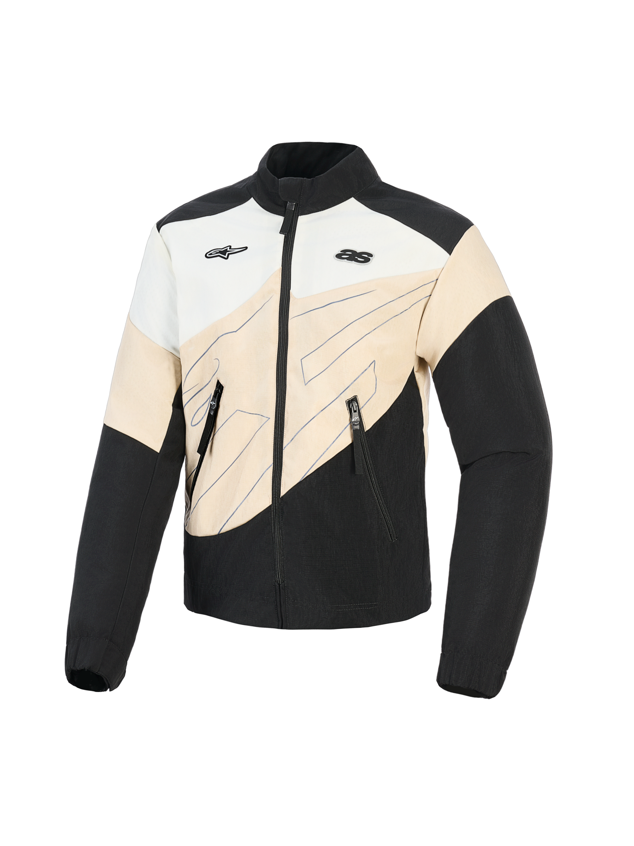Alpinestars Stella Moshell jas, urban motorjas voor dames, Black Sand en Off White, asymmetrisch kleurblok-ontwerp met blauwe lijntekeningen, ritssluiting aan de voorzijde en dubbele logo's op de borst, op streetwear geïnspireerde beschermende motorkleding