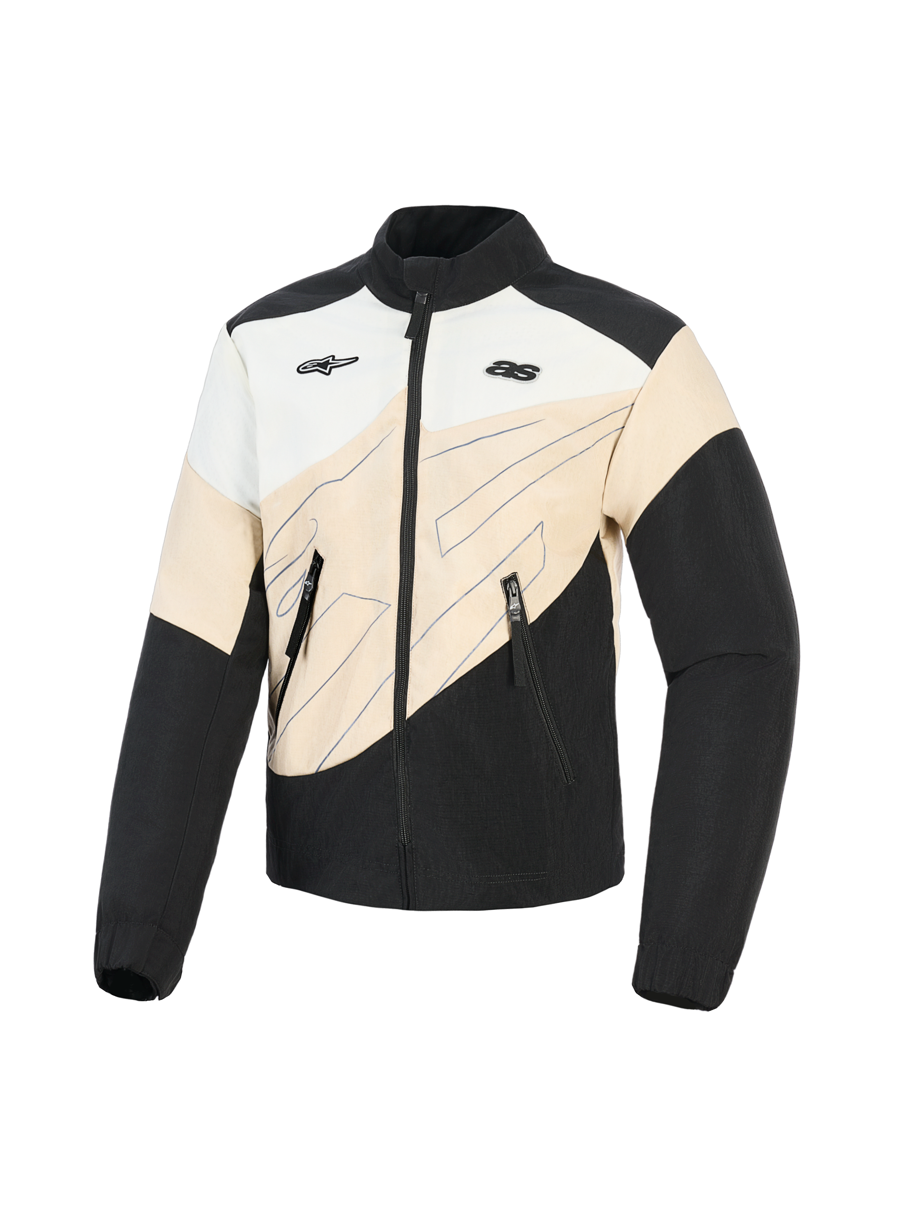 Alpinestars Stella Moshell jas, urban motorjas voor dames, Black Sand en Off White, asymmetrisch kleurblok-ontwerp met blauwe lijntekeningen, ritssluiting aan de voorzijde en dubbele logo's op de borst, op streetwear geïnspireerde beschermende motorkleding