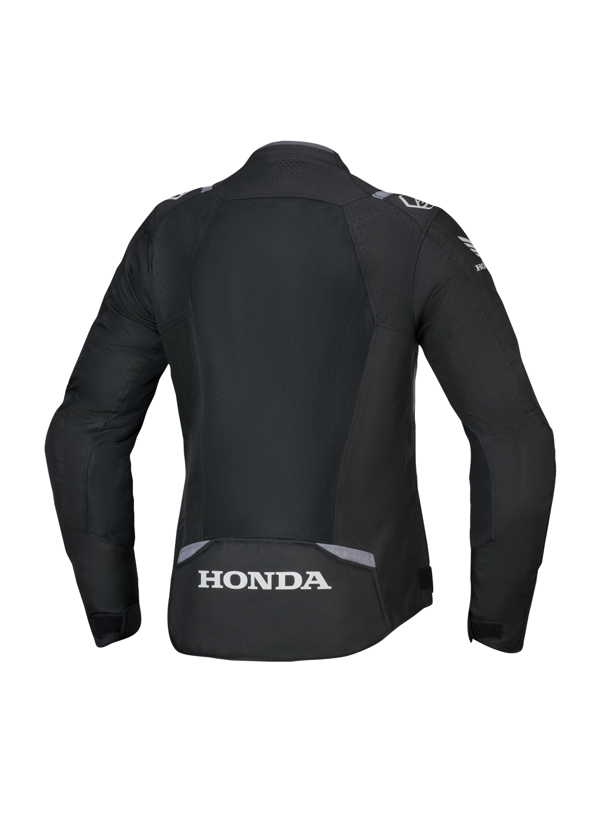 Alpinestars Honda Stella T-SPS Air V2 damesjas, achteraanzicht, zwart met donkergrijze en lichtgrijze accenten, voorzien van een groot tech-mesh rugpaneel en wit Honda-logo op de onderrug, prestatiegerichte pasvorm specifiek voor dames.