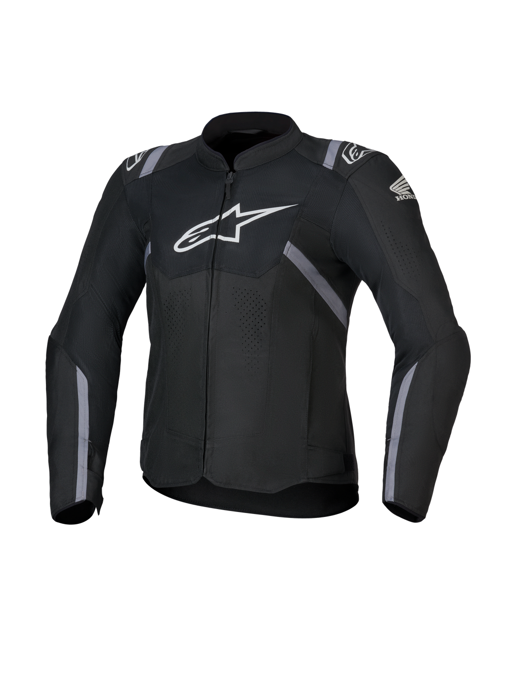Honda Stella T-SPS Air V2 damesmotorjas, textiele motorjas voor dames, zwart met witte Alpinestars- en Honda-logo's, grijze streepaccenten, geperforeerde mesh-panelen voor luchtstroom, sportieve rijpasvorm