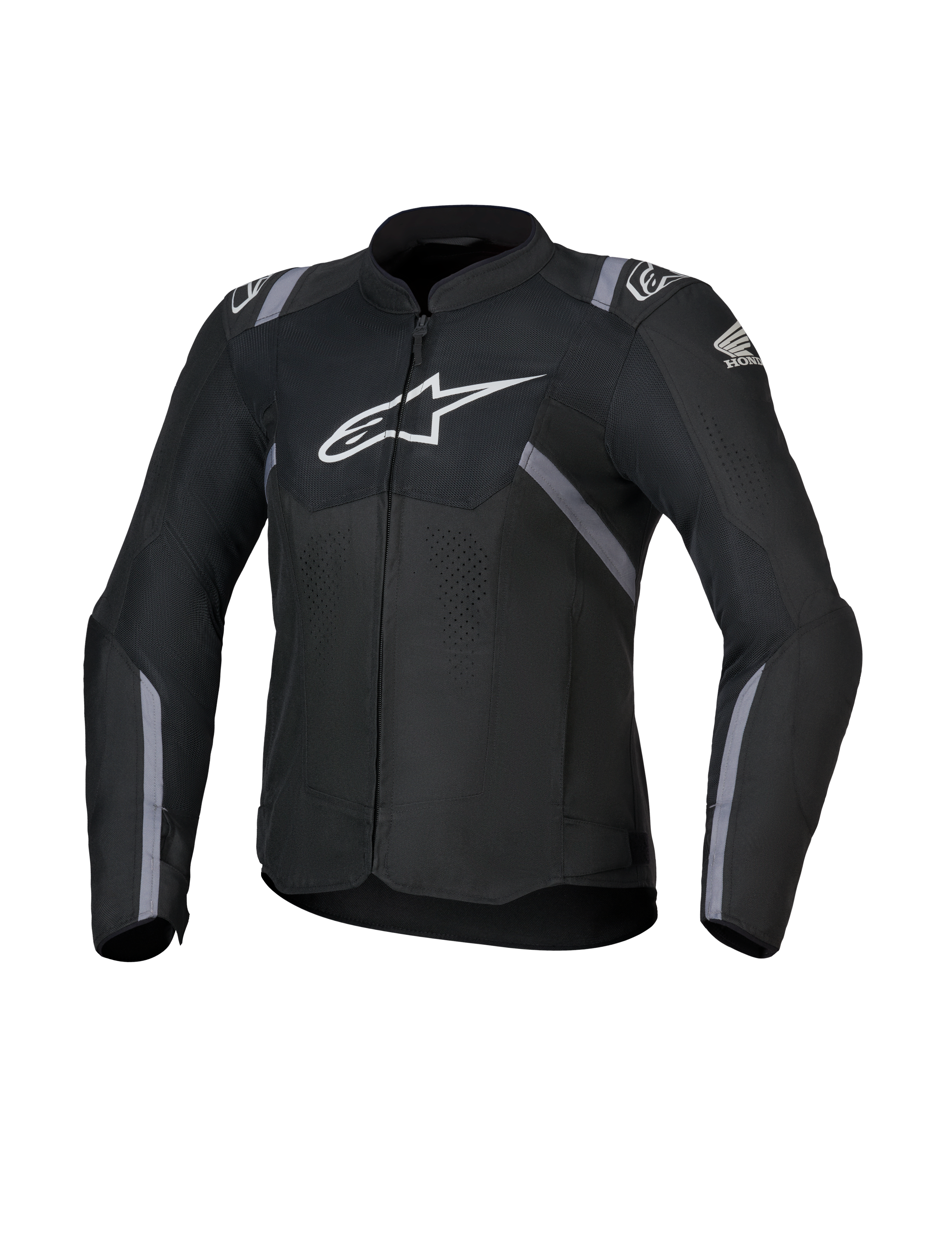 Honda Stella T-SPS Air V2 damesmotorjas, textiele motorjas voor dames, zwart met witte Alpinestars- en Honda-logo's, grijze streepaccenten, geperforeerde mesh-panelen voor luchtstroom, sportieve rijpasvorm