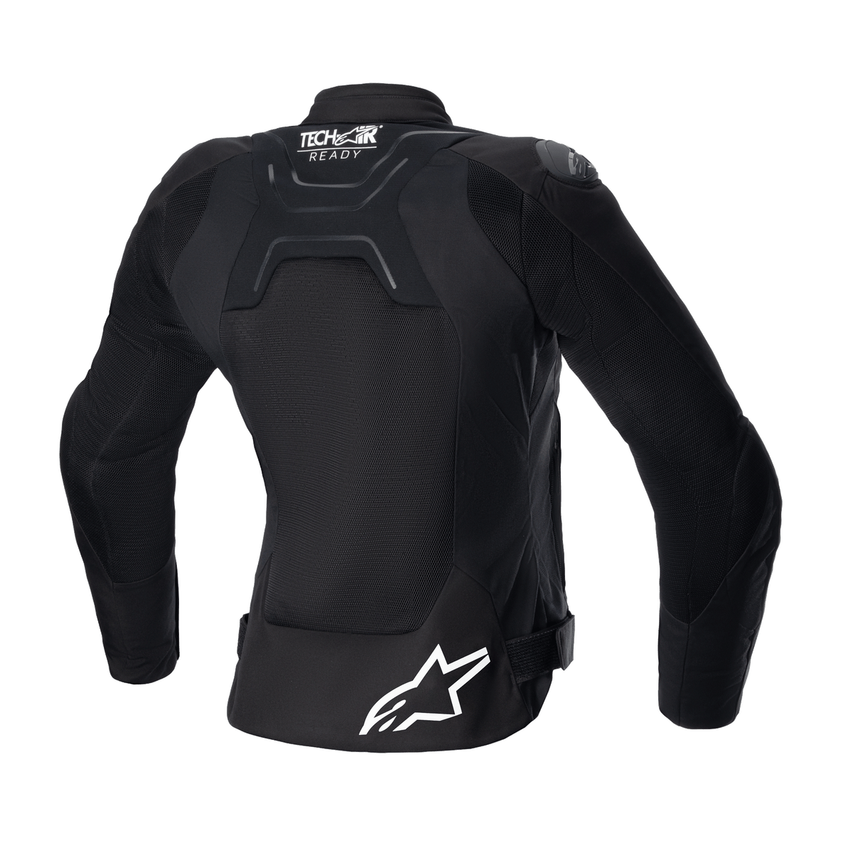 Alpinestars Stella SMX Air damesmotorjas, achteraanzicht, zwart, voorzien van mesh rugpanelen voor ventilatie, Tech-Air Ready branding op de bovenrug, wit Alpinestars sterlogo op de onderrug, verstelbare taillebanden, sportieve textiele motorjas
