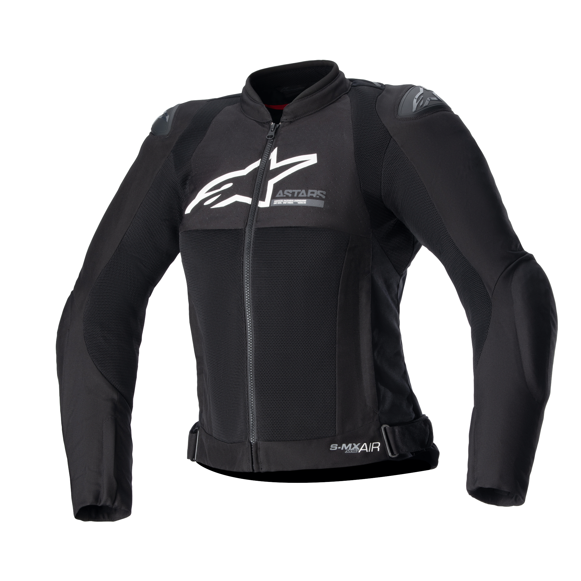 Alpinestars Stella SMX Air dames motorjas, zwart textiel en mesh motorjas, wit logo op de borst, ritssluiting aan de voorzijde, hoge kraag, externe schouder sliders, ademende mesh constructie, sportief ontwerp voor rijden in de zomer