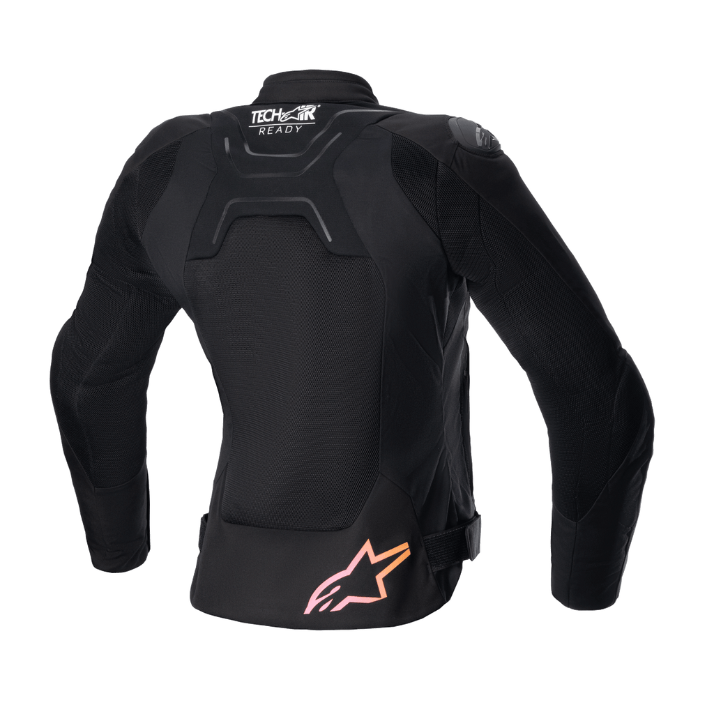 Alpinestars Stella SMX Air damesjas, achteraanzicht, zwart met mesh panelen, voorzien van 'Tech-Air Ready'-logo op de bovenrug en roze naar oranje kleurverloop sterlogo onderaan, beschermende sportieve straatmotorjas