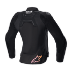 Alpinestars Stella SMX Air damesjas, achteraanzicht, zwart met mesh panelen, voorzien van 'Tech-Air Ready'-logo op de bovenrug en roze naar oranje kleurverloop sterlogo onderaan, beschermende sportieve straatmotorjas