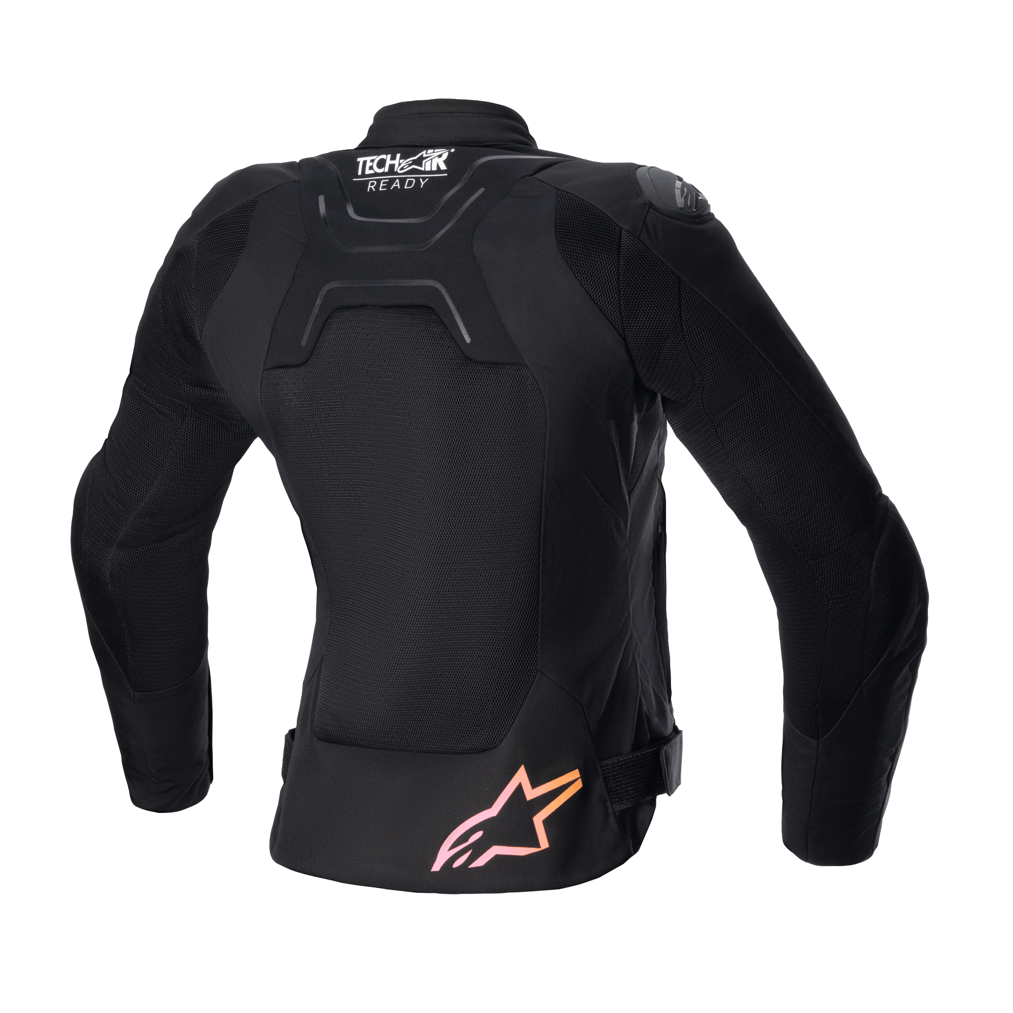 Alpinestars Stella SMX Air damesjas, achteraanzicht, zwart met mesh panelen, voorzien van 'Tech-Air Ready'-logo op de bovenrug en roze naar oranje kleurverloop sterlogo onderaan, beschermende sportieve straatmotorjas