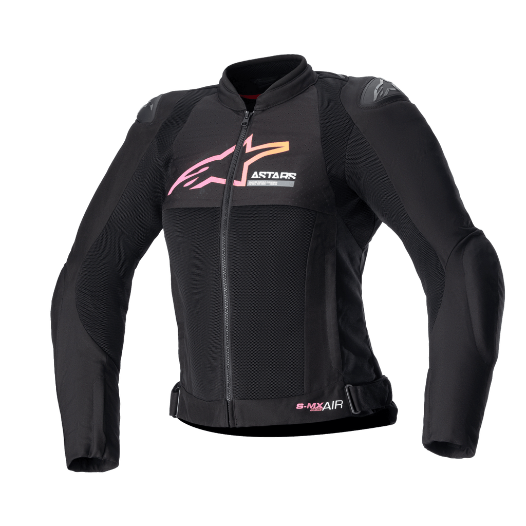 Alpinestars Stella SMX Air damesjas, motorjas, zwart met roze en geel kleurverloop logo, vooraanzicht met mesh ventilatiepanelen, DFS Lite schouderbeschermers en sportief ergonomisch ontwerp