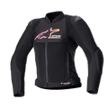 Alpinestars Stella SMX Air damesjas, motorjas, zwart met roze en geel kleurverloop logo, vooraanzicht met mesh ventilatiepanelen, DFS Lite schouderbeschermers en sportief ergonomisch ontwerp