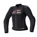 Alpinestars Stella SMX Air damesjas, motorjas, zwart met roze en geel kleurverloop logo, vooraanzicht met mesh ventilatiepanelen, DFS Lite schouderbeschermers en sportief ergonomisch ontwerp