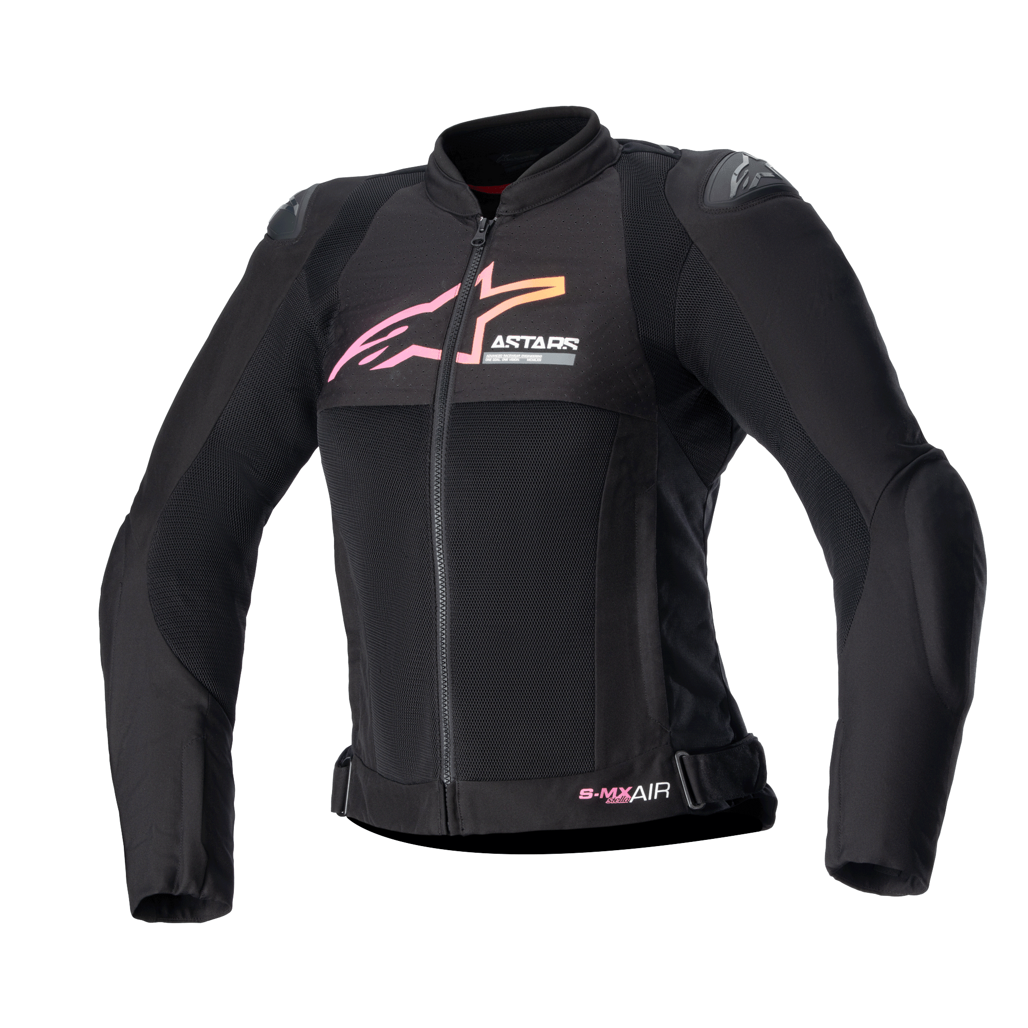Alpinestars Stella SMX Air damesjas, motorjas, zwart met roze en geel kleurverloop logo, vooraanzicht met mesh ventilatiepanelen, DFS Lite schouderbeschermers en sportief ergonomisch ontwerp