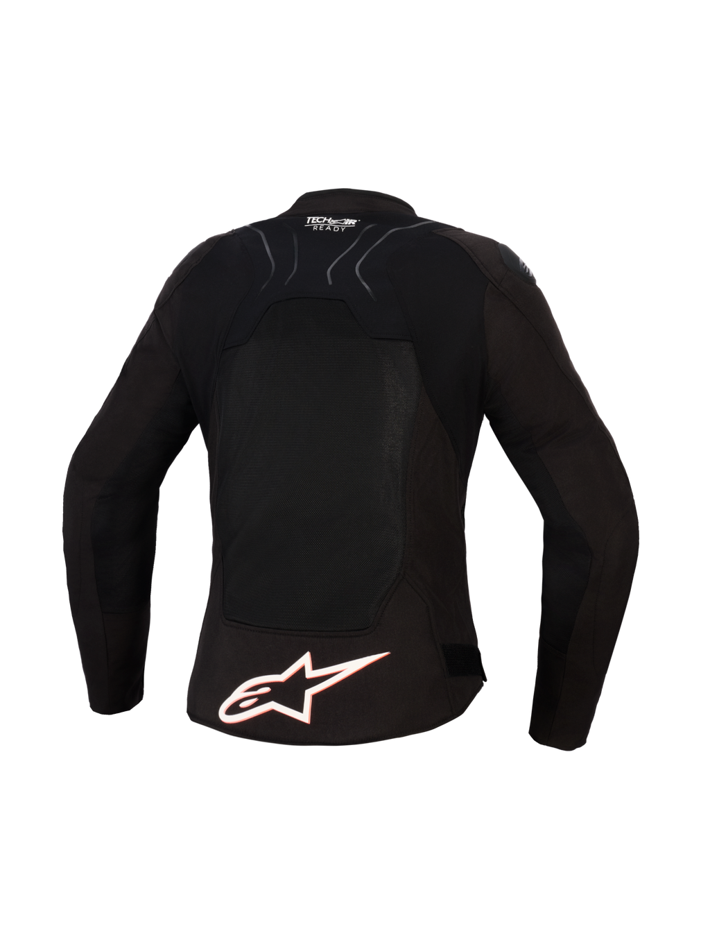 Alpinestars Stella SMX Air Jacket voor dames, achteraanzicht, zwart met witte en Red Fluo accenten, voorzien van een groot wit Alpinestars-logo op de onderrug, high-flow mesh-panelen voor ventilatie en Tech-Air Ready-branding op de bovenrug
