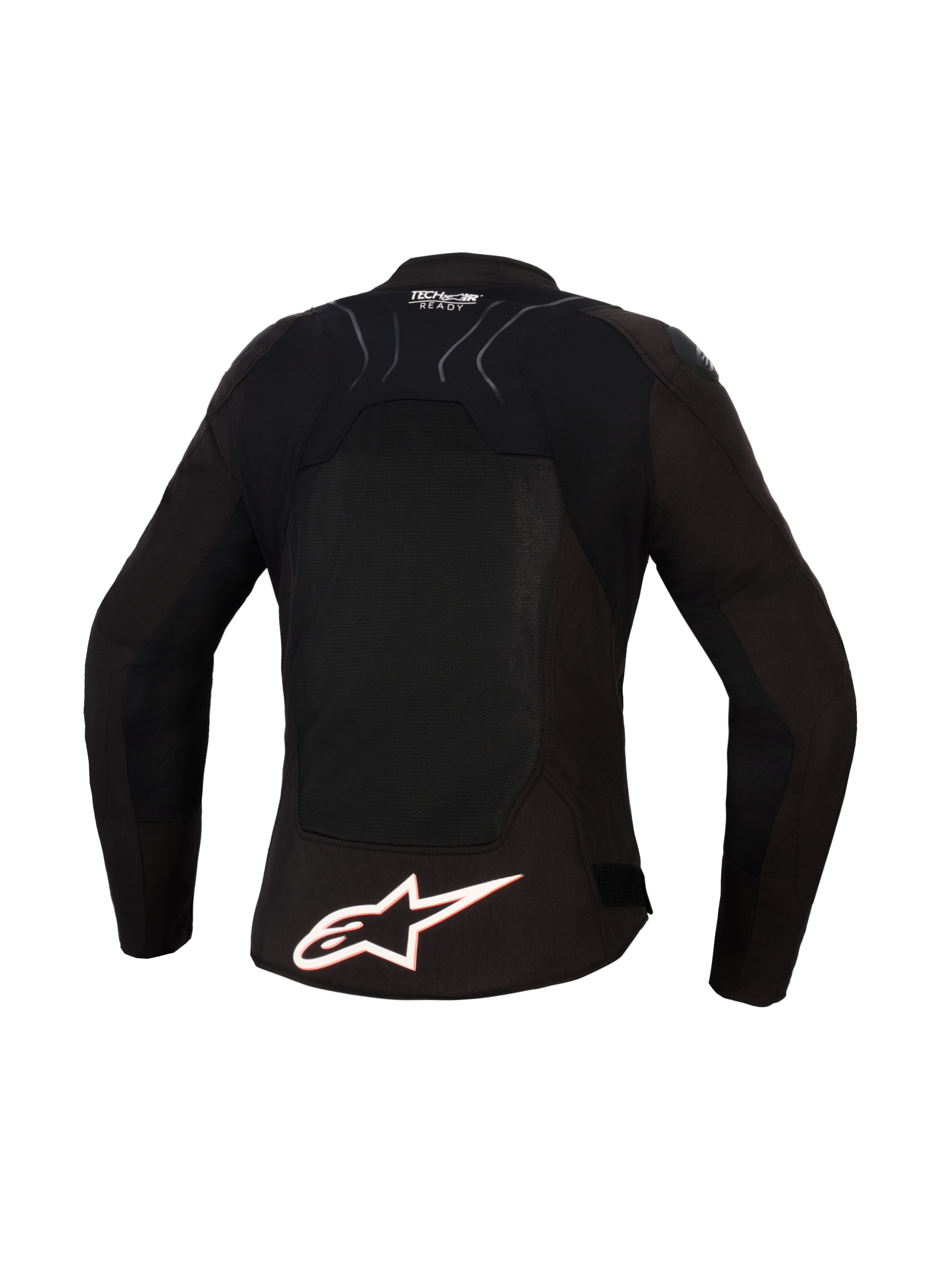 Alpinestars Stella SMX Air Jacket voor dames, achteraanzicht, zwart met witte en Red Fluo accenten, voorzien van een groot wit Alpinestars-logo op de onderrug, high-flow mesh-panelen voor ventilatie en Tech-Air Ready-branding op de bovenrug