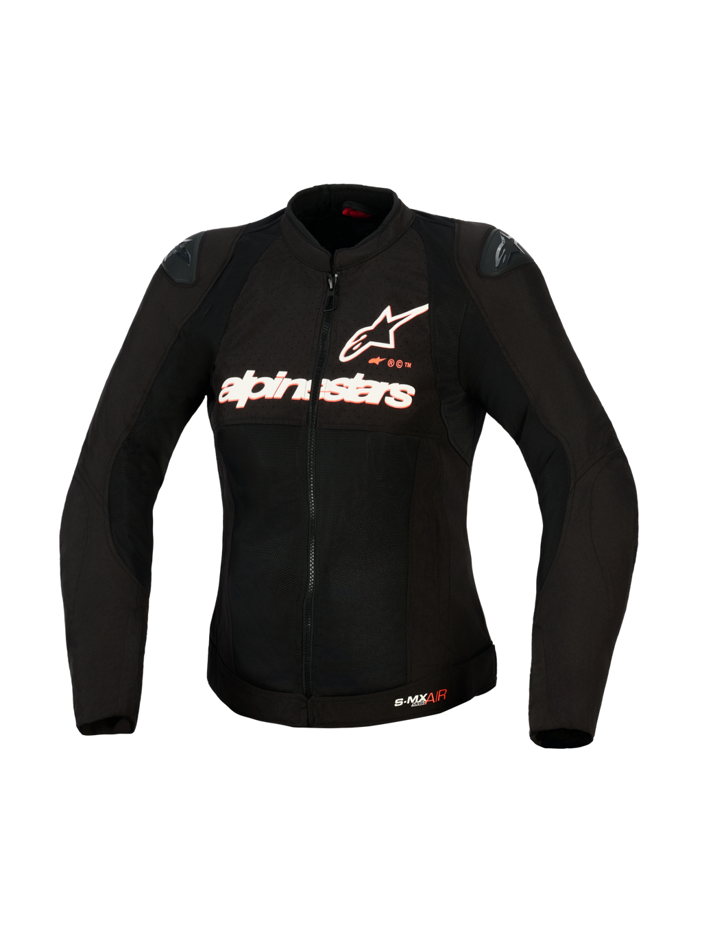 Alpinestars Stella SMX Air damesmotorjas, textiele motorjas, zwart met witte en Red Fluo-branding, vooraanzicht met high-flow mesh-constructie, Alpinestars-borstlogo en DFS Lite-schoudersliders, getailleerd voor vrouwelijke rijders.