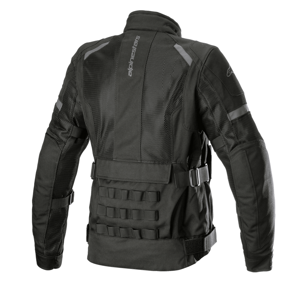 Alpinestars Stella Crosshill WP Air damesjas, motor touringjas, zwart, achteraanzicht met grote meshpanelen voor luchtstroom, militair geïnspireerde PALS modulaire webbing op de onderrug en verstelbare banden bij de taille en armen.