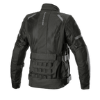 Alpinestars Stella Crosshill WP Air damesjas, motor touringjas, zwart, achteraanzicht met grote meshpanelen voor luchtstroom, militair geïnspireerde PALS modulaire webbing op de onderrug en verstelbare banden bij de taille en armen.