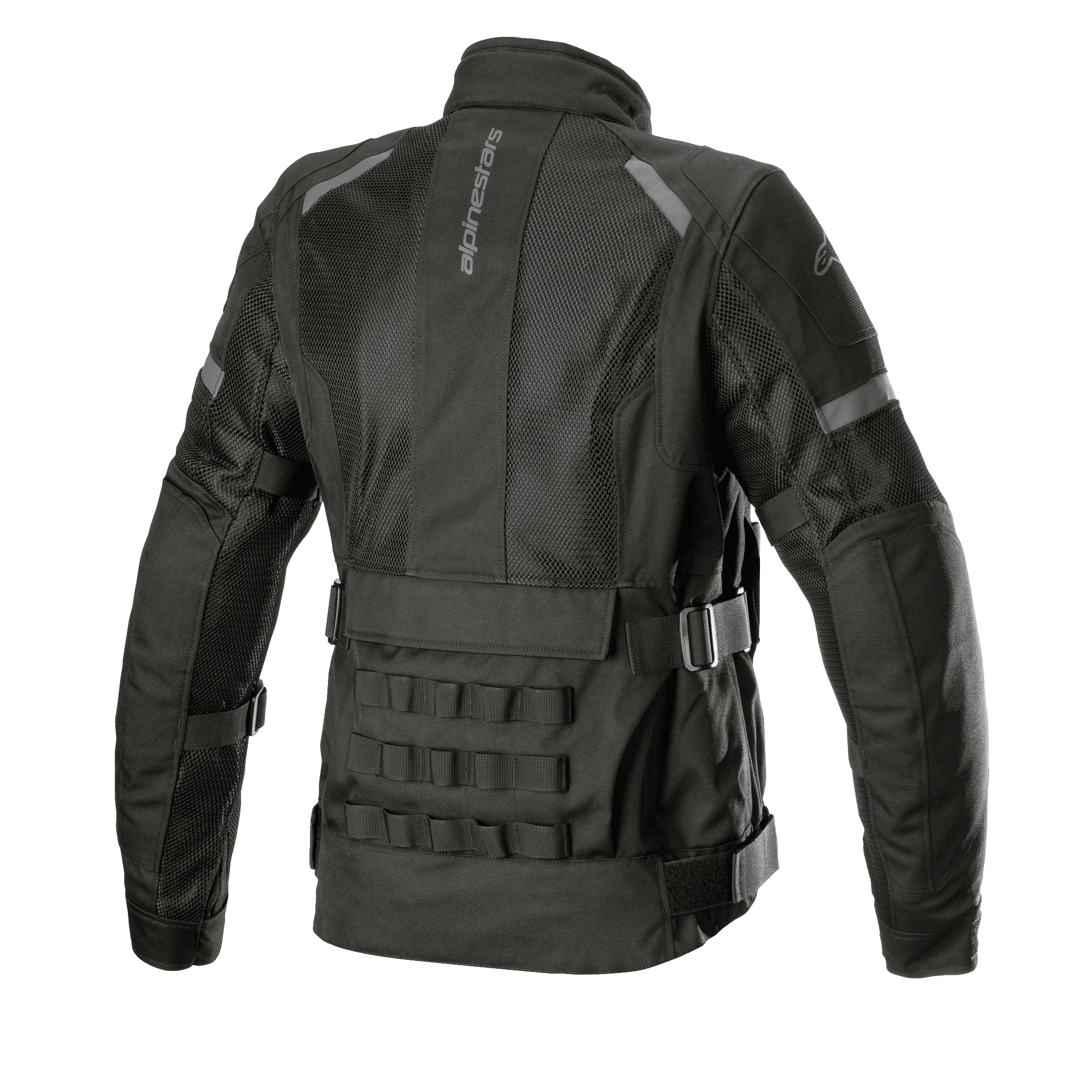 Alpinestars Stella Crosshill WP Air damesjas, motor touringjas, zwart, achteraanzicht met grote meshpanelen voor luchtstroom, militair geïnspireerde PALS modulaire webbing op de onderrug en verstelbare banden bij de taille en armen.