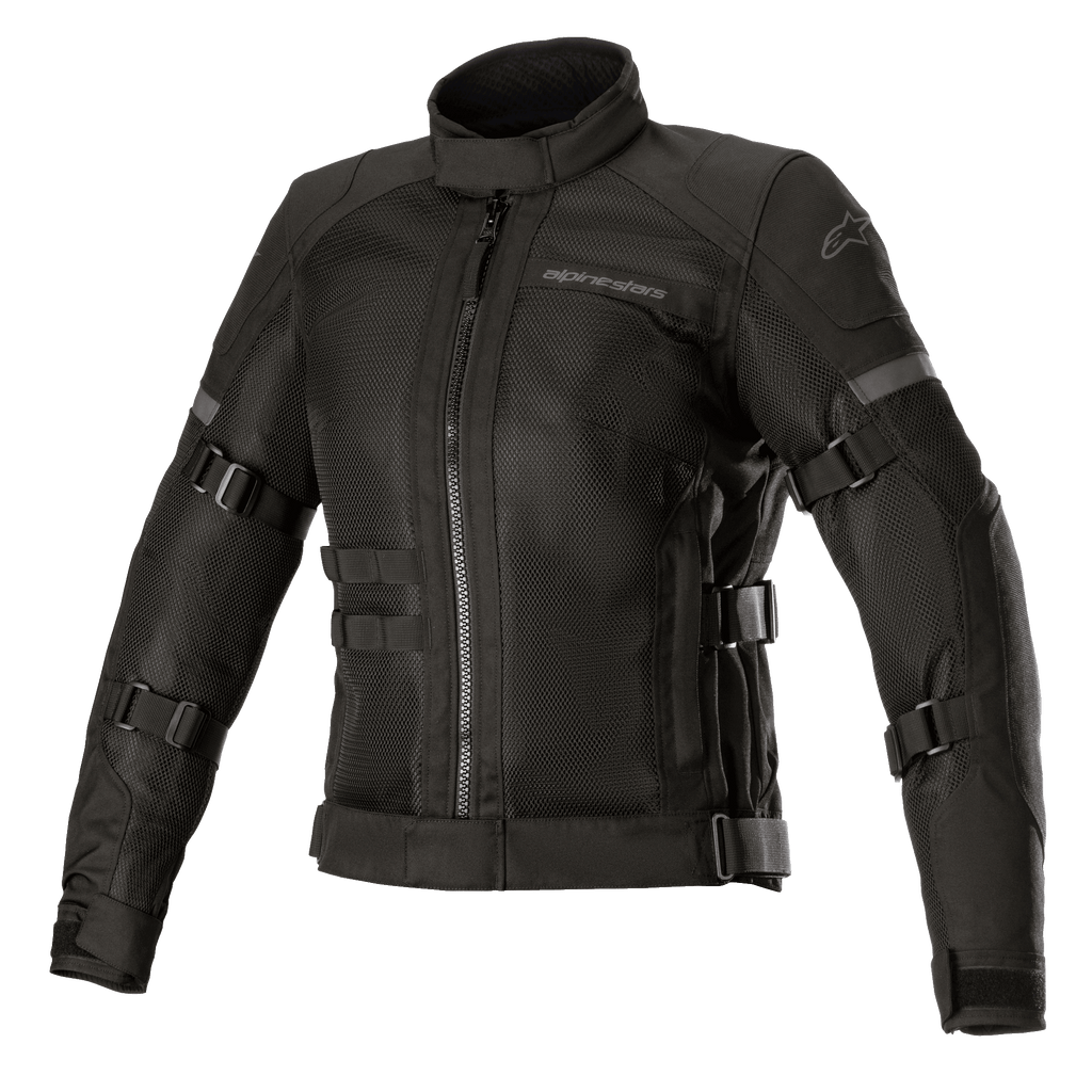 Alpinestars Stella Crosshill WP Air Jacket, dames motorjas, zwart, grote tech-mesh panelen voor optimale luchtstroom, verstelbare riemen op mouwen en torso, hoge kraag met rits aan de voorzijde, strak touring-ontwerp met subtiele branding