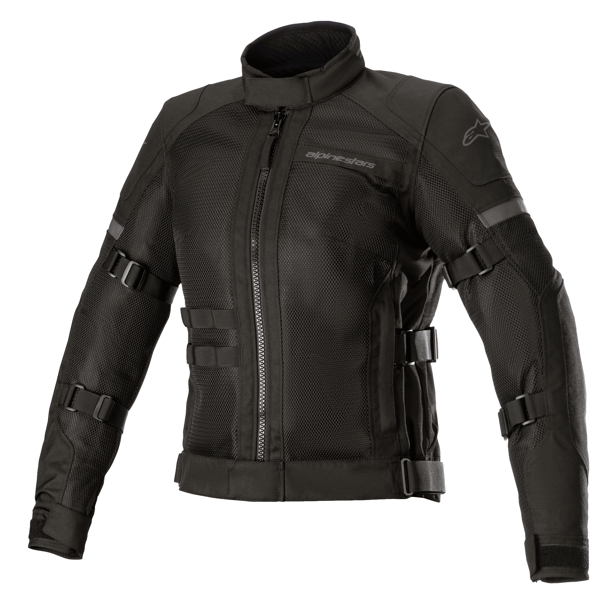 Alpinestars Stella Crosshill WP Air Jacket, dames motorjas, zwart, grote tech-mesh panelen voor optimale luchtstroom, verstelbare riemen op mouwen en torso, hoge kraag met rits aan de voorzijde, strak touring-ontwerp met subtiele branding