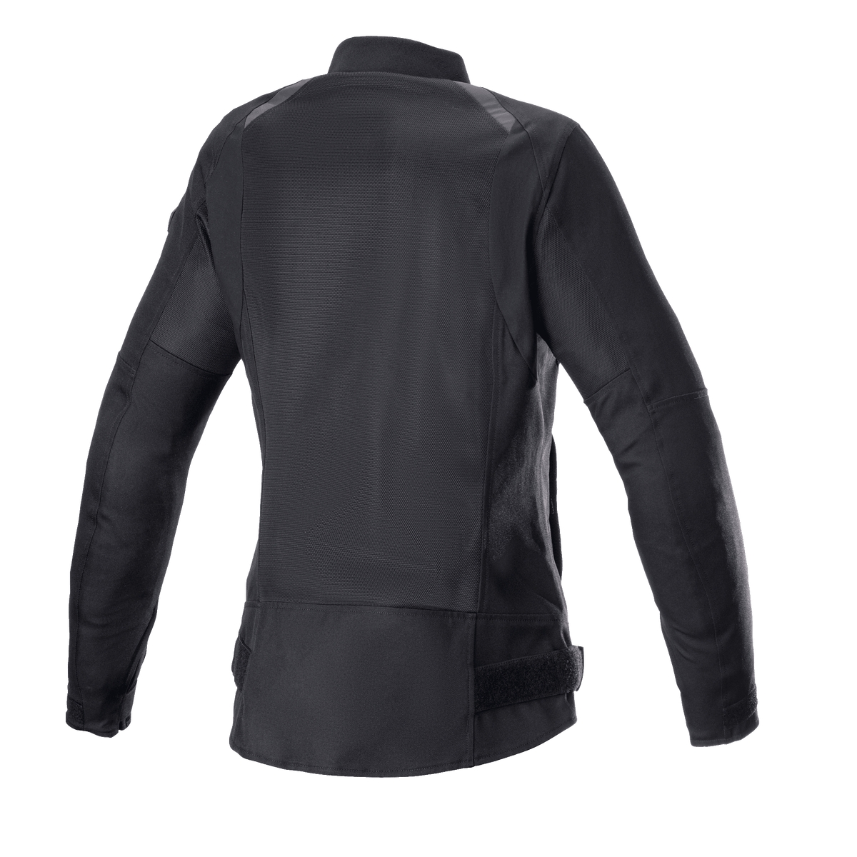 Alpinestars Eloise V2 dames motorjas, zwart, achteraanzicht van bomber-stijl doorwaaijas, uitgebreide mesh-panelen voor koeling, verlengd achterprofiel, duurzame constructie van 600D poly-stof en mesh
