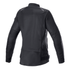 Alpinestars Eloise V2 dames motorjas, zwart, achteraanzicht van bomber-stijl doorwaaijas, uitgebreide mesh-panelen voor koeling, verlengd achterprofiel, duurzame constructie van 600D poly-stof en mesh