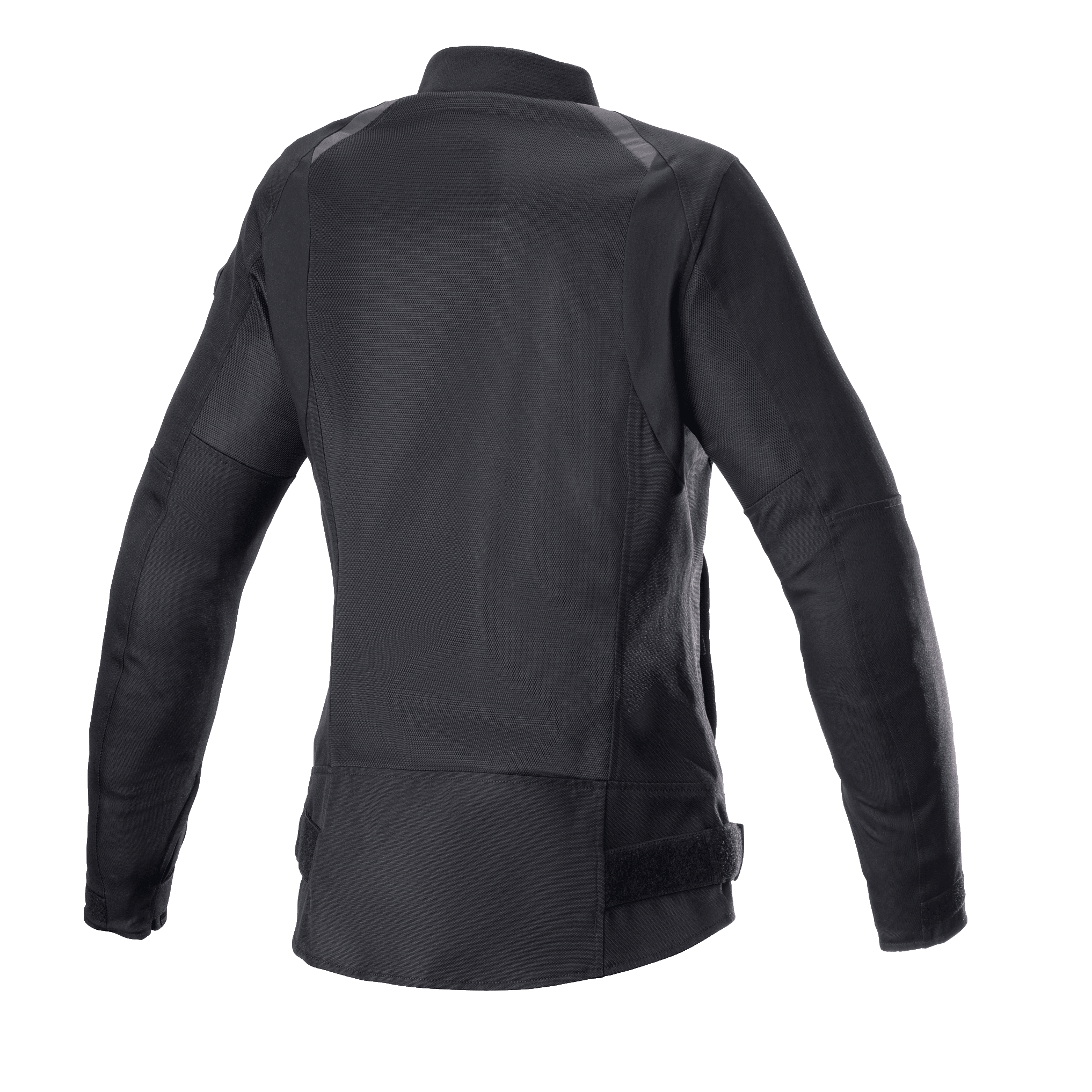 Alpinestars Eloise V2 dames motorjas, zwart, achteraanzicht van bomber-stijl doorwaaijas, uitgebreide mesh-panelen voor koeling, verlengd achterprofiel, duurzame constructie van 600D poly-stof en mesh