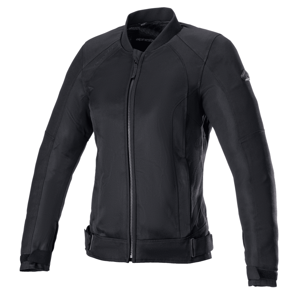 Alpinestars Eloise V2 Air-jas voor dames, zwarte motorjas, volledig zwarte textiel- en meshconstructie, voorzien van een ritssluiting aan de voorkant, hoge kraag en verstelbare taillebanden, strak ontwerp voor rijden in de stad
