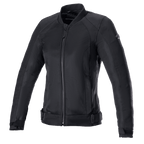 Alpinestars Eloise V2 Air-jas voor dames, zwarte motorjas, volledig zwarte textiel- en meshconstructie, voorzien van een ritssluiting aan de voorkant, hoge kraag en verstelbare taillebanden, strak ontwerp voor rijden in de stad